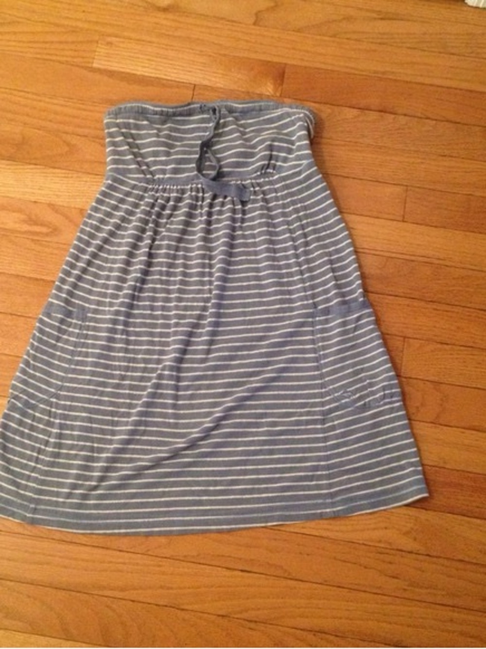 Girls Blue and White Striped Strapless Summer Dress